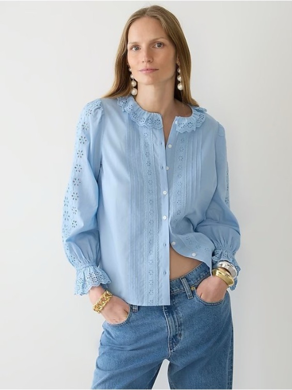 J. Crew Light Blue Ruffle Lace Cotton Blouse